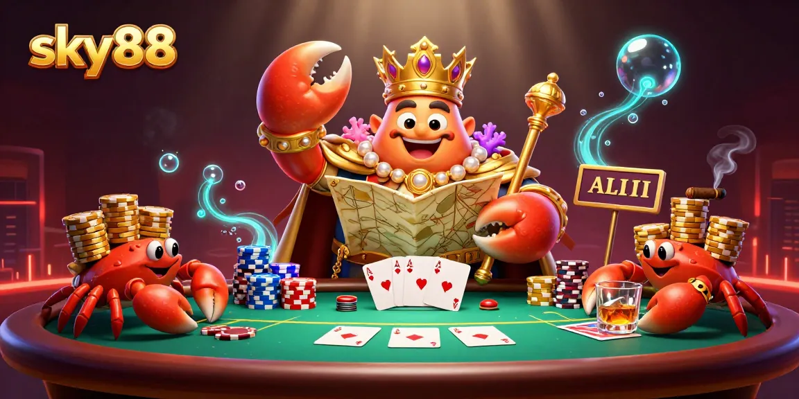 Experience thrilling poker action with sky88, featuring a golden crab emperor and colorful chips.