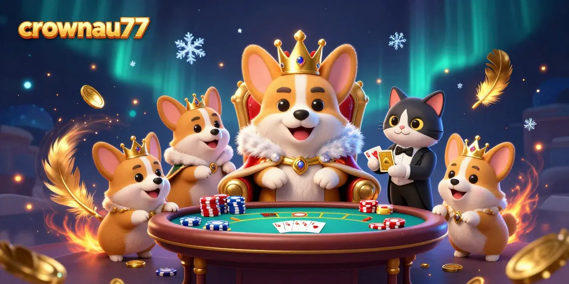 Play engaging games at crownau77, where royal corgis reign over a packed scene of poker excitement.
