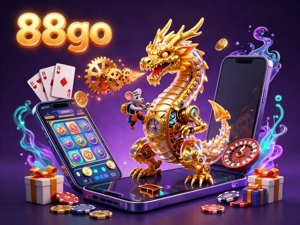 Engage with 88go's vibrant 3D illustration of a golden dragon showcasing a dynamic casino scene.