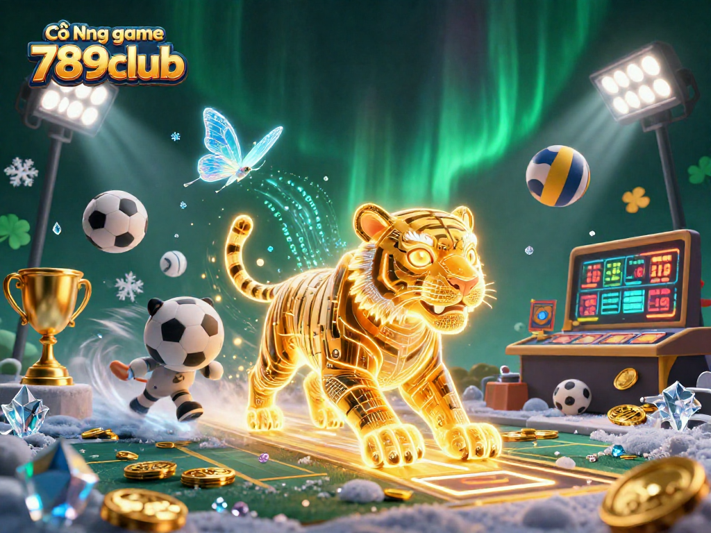 Cổng game 789club, thưởng thức không gian casino sống động với biểu tượng hổ ánh sáng và các yếu tố thể thao.