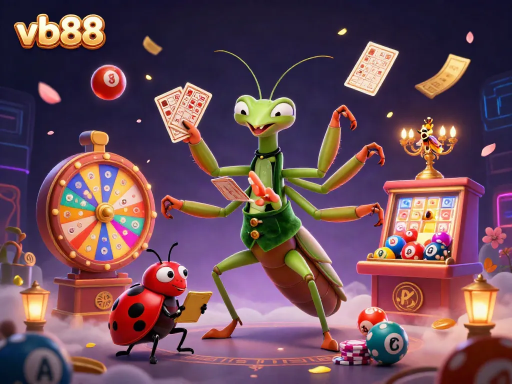 Engage in exciting gameplay at vb88 with a vibrant casino scene featuring card games and lottery elements.