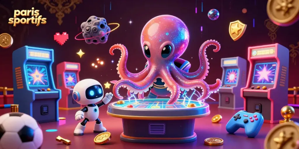 Place bets effortlessly on paris sportifs with a vibrant alien octopus at the betting table amidst cosmic excitement.