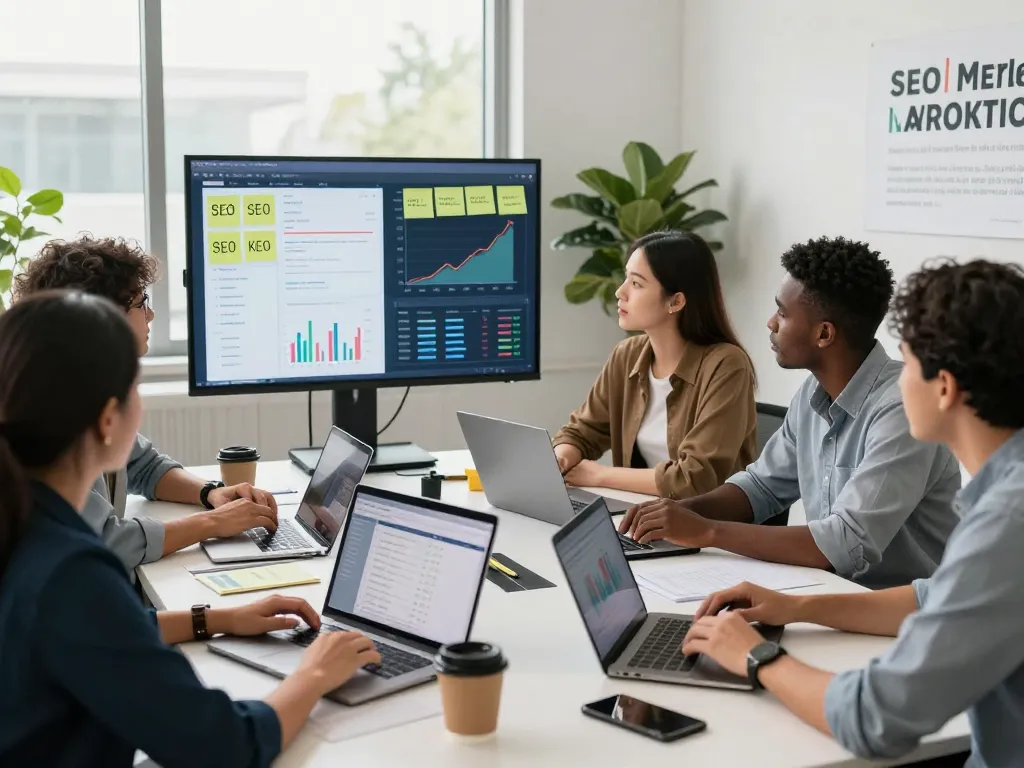 Team collaborating on group buy SEO tools strategies in a modern office setting