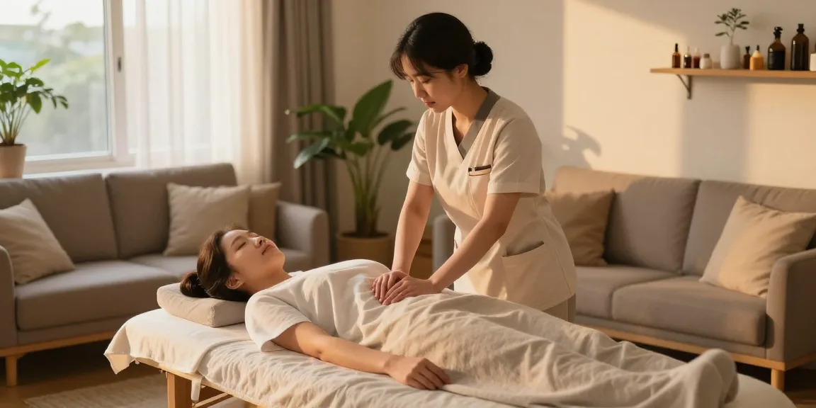 Experience ultimate relaxation with 부천출장마사지 in a serene home environment, featuring a professional Korean therapist.