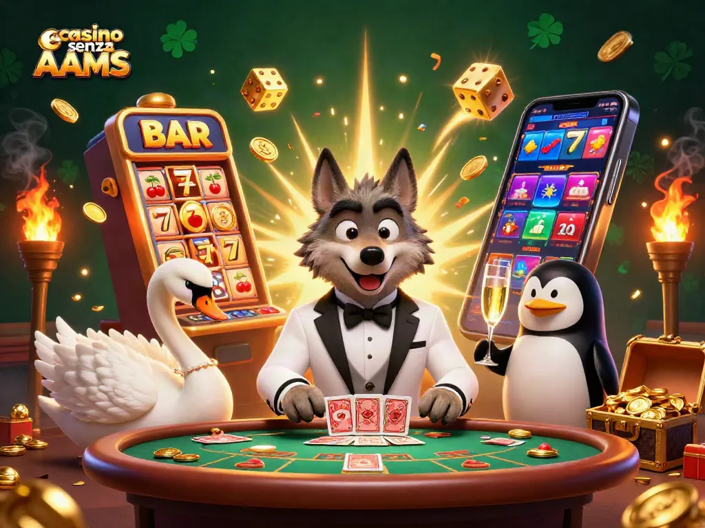 Vinci con i casinò senza AAMS mentre il lupo elegantemente vestito gioca a baccarat.