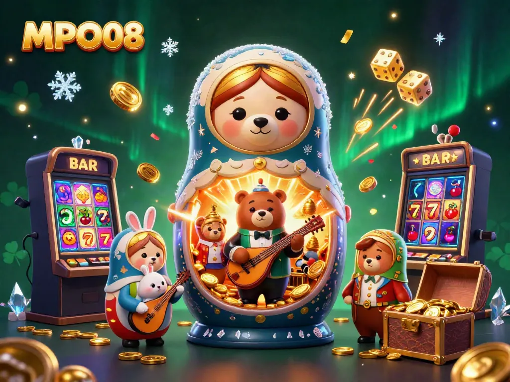 Engage with MPO08's vibrant casino world, showcasing a lively illustration of slot excitement and playful characters.