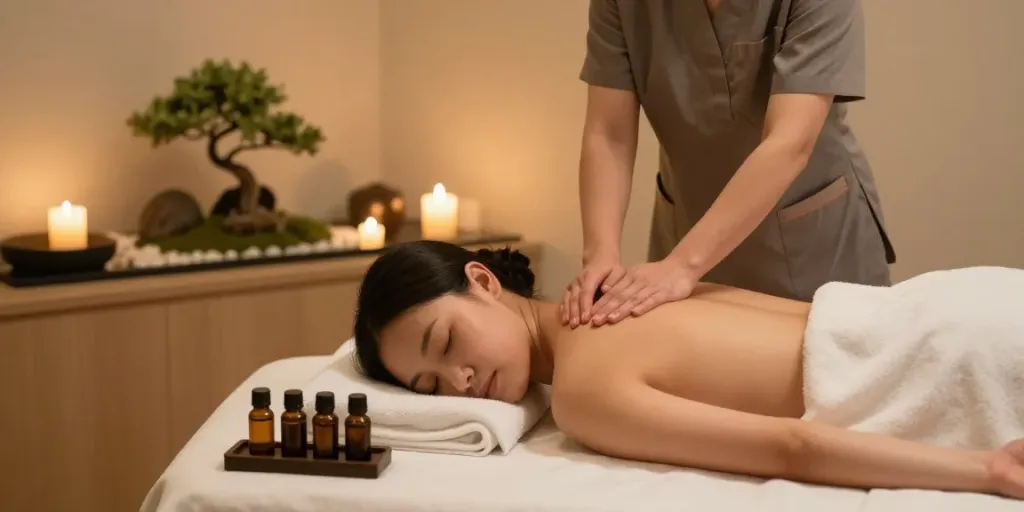 송파출장안마 massage therapy scene with a relaxed client and a professional therapist in a calming spa environment.