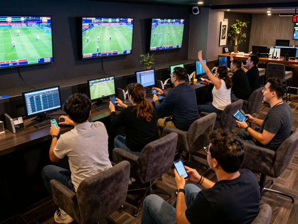 Engaging sports betting scene at max88net with patrons reviewing odds and celebrating wagers.
