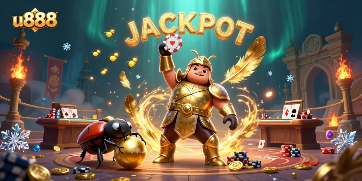Join the excitement of u888 poker games with a heroic beetle and vibrant casino elements.
