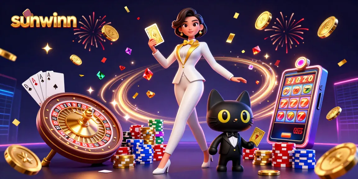 Engage with the thrilling vibes of sunwinn as a glamorous character shuffles cards amidst a casino celebration.