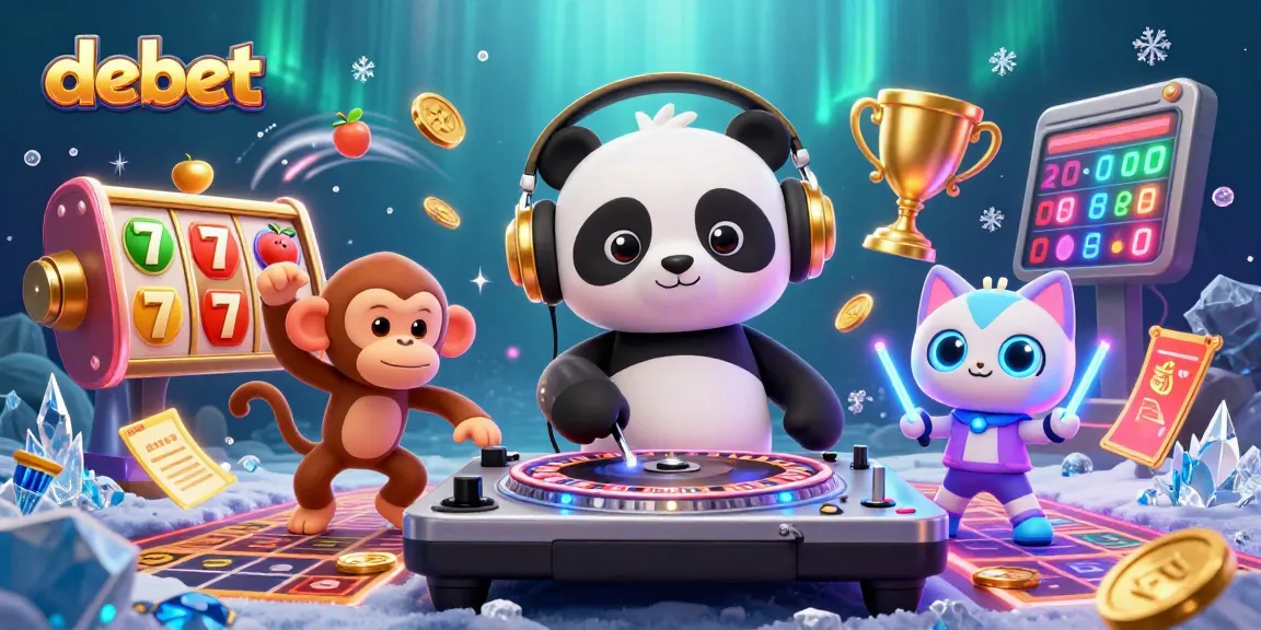 Bet with debet in a vivid casino scene featuring a DJ panda, dancing monkey, and an energetic kitten.