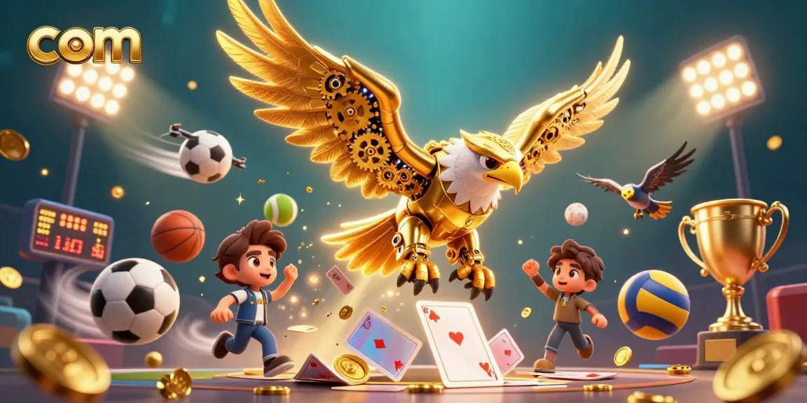 Bet on com with a cybernetic eagle soaring over holographic cards amidst dynamic sports balls.