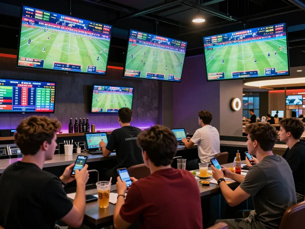 Exciting sports betting at Vmax trang chủ with bettors actively engaging on smartphones in a lively setting.