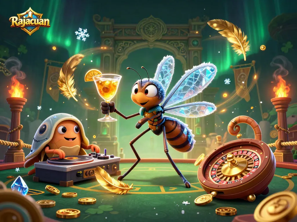 Experience thrilling gameplay at Rajacuan, featuring dynamic casino mascots and golden roulette wheels.