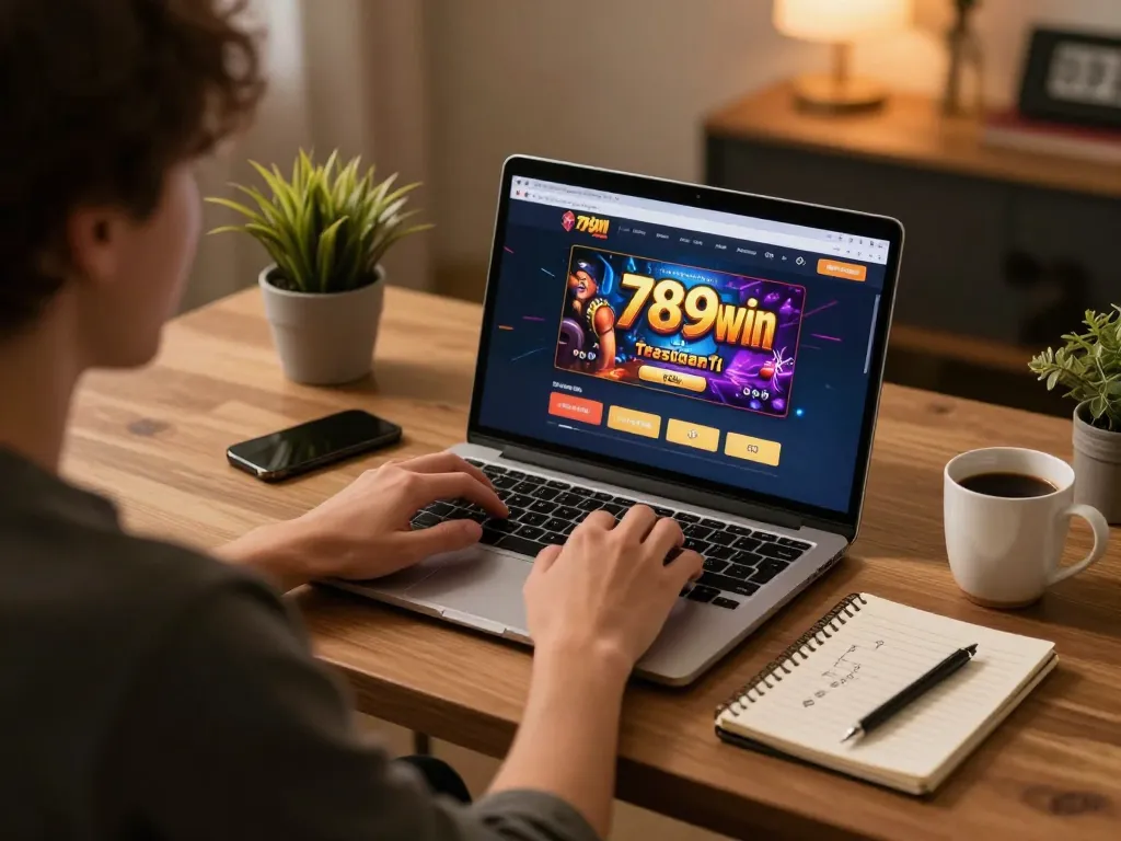 Engaging with the 789win online casino interface at a stylish home gaming setup.