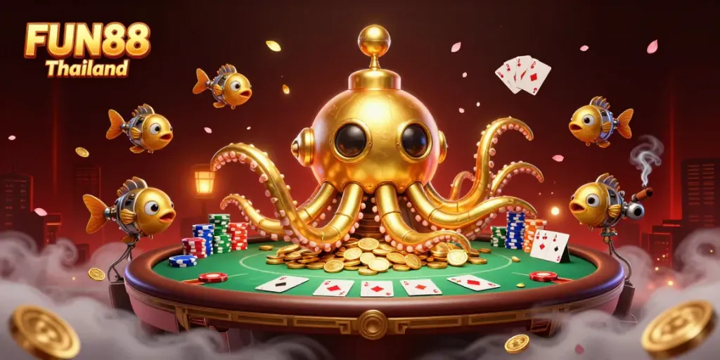 Experience the thrill of FUN88 Thailand with gold coins and a fantastic 3D kraken-themed casino environment.