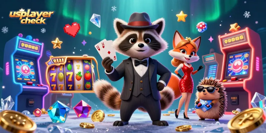 Usplayercheck reveals a vibrant casino scene with a suave raccoon, charming fox, and bouncer enjoying a high-stakes game.