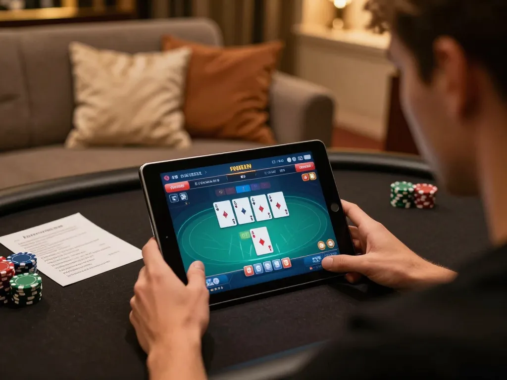 Player strategizing online poker on bet88com tablet in a cozy setting with warm lighting.