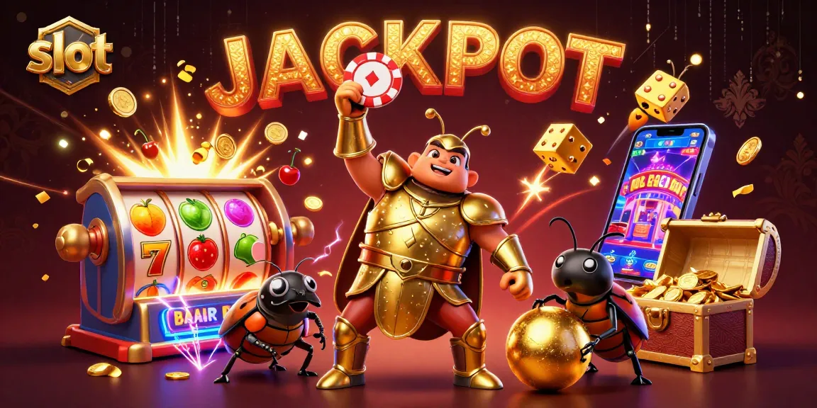 Spin the slot reels with a vibrant jackpot celebration featuring cartoon beetles and casino games.
