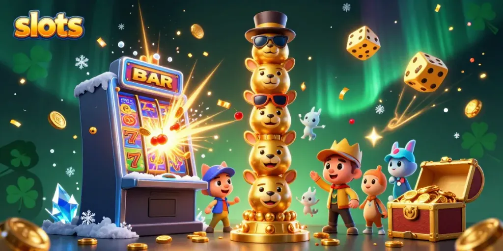 Engaging slots scene featuring a cartoon totem with casino elements, vibrant jackpot explosion, and colorful symbols