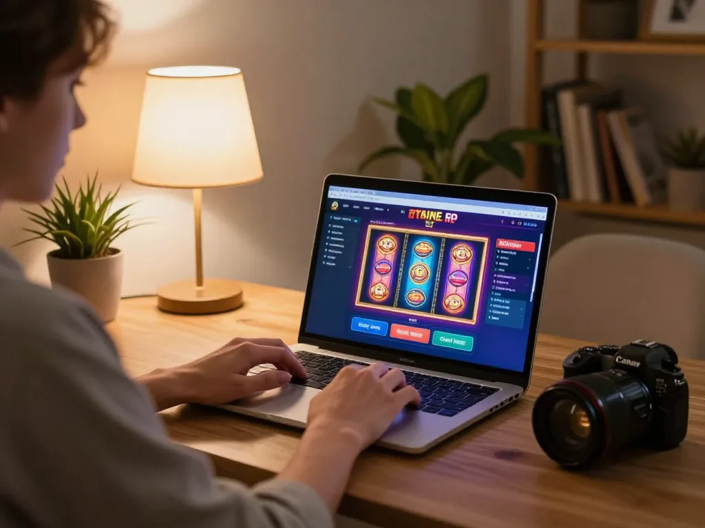 Playing online slots at 79kingvnc in a cozy home setup, showcasing interactive gaming atmosphere.