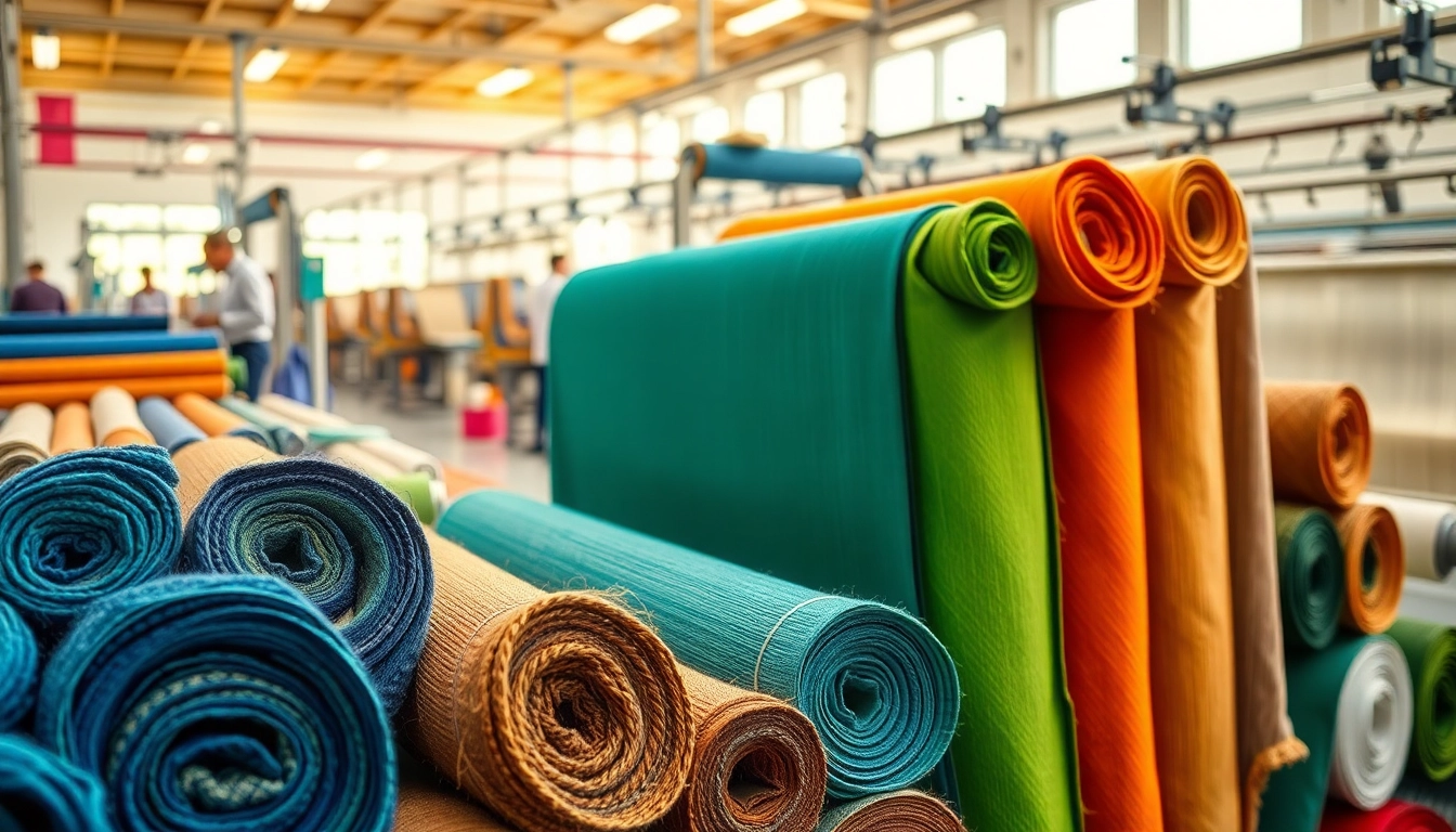 Viscose fabric rolls showcasing vibrant textures and colors in a textile workshop.
