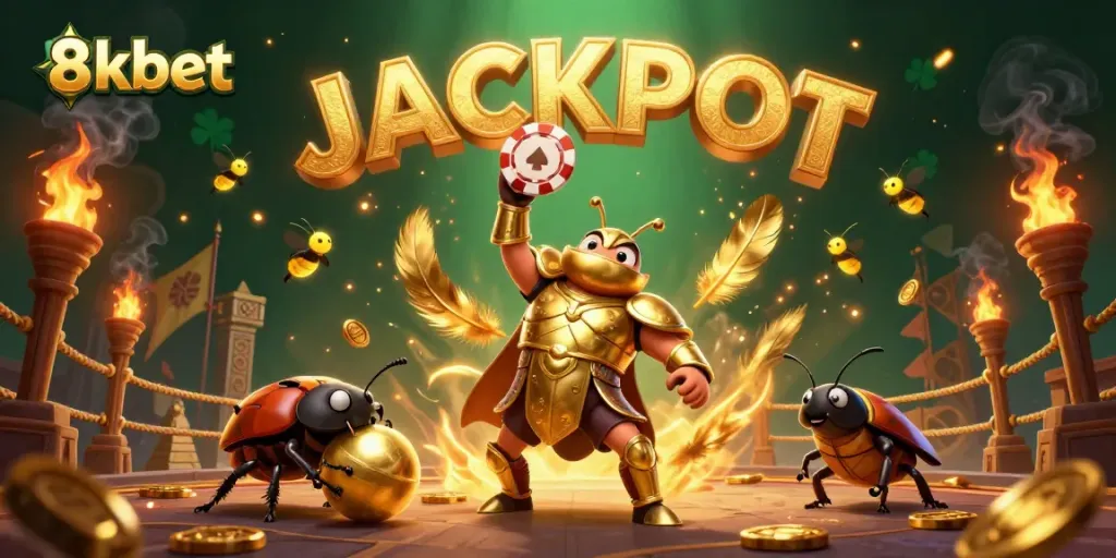8xbet offers a vibrant casino experience illustrated by a hercules beetle celebrating a jackpot with poker chips.