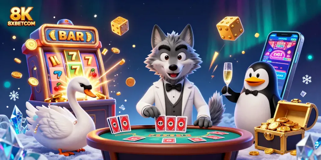 Engage with thrilling 8XBETCOM gameplay featuring a wolf, swan, and penguin in a lavish casino.