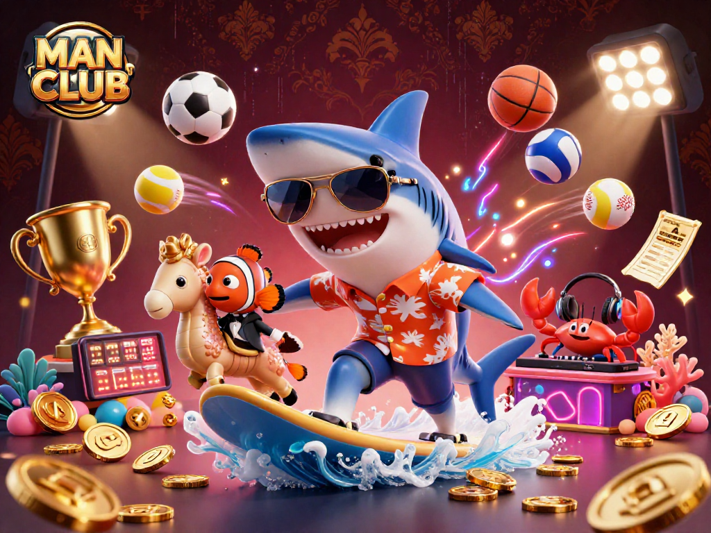 Bet on winning strategies at MAN CLUB with a playful shark surfing gold coins and sports themes.