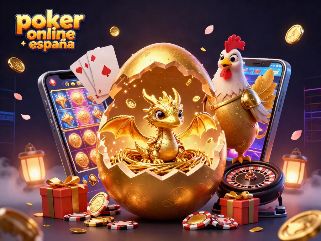 Juego de póker online en España entre un dragón dorado y fichas de póker, con elementos de casino alrededor.