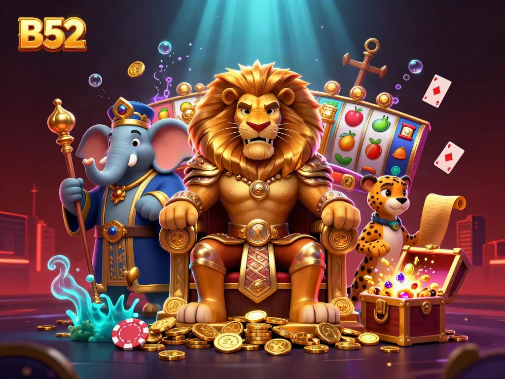 B52 casino illustration showing a lion king, elephant advisor, and cheetah messenger amidst slots and treasure, emphasizing winning vibes.