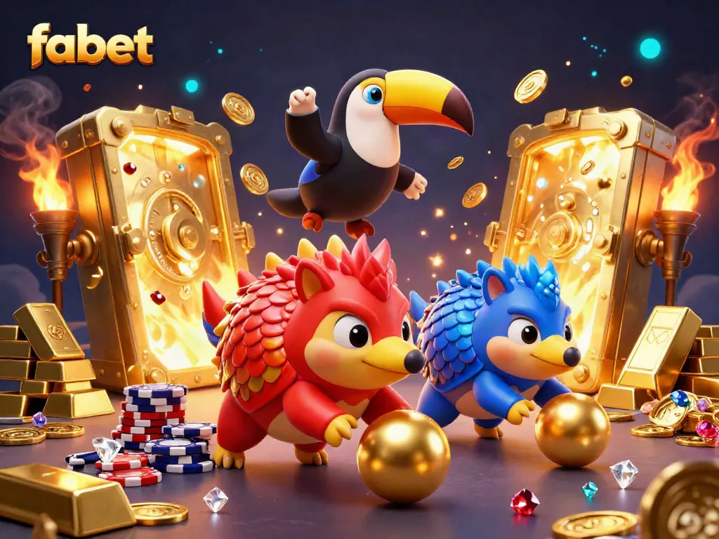 Players engage with fabet in a vibrant casino scene featuring cartoon pangolins amid golden treasures and poker chips.