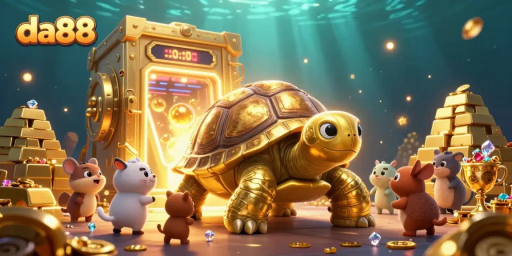 Join the excitement at da88 with a vibrant scene showcasing a golden tortoise pinball machine and treasures.