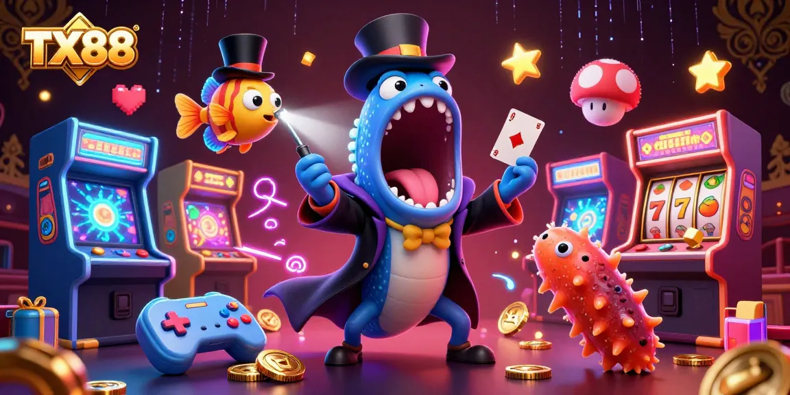 Experience the excitement of TX88 with cartoon sea creatures performing magic tricks amid vibrant casino elements.