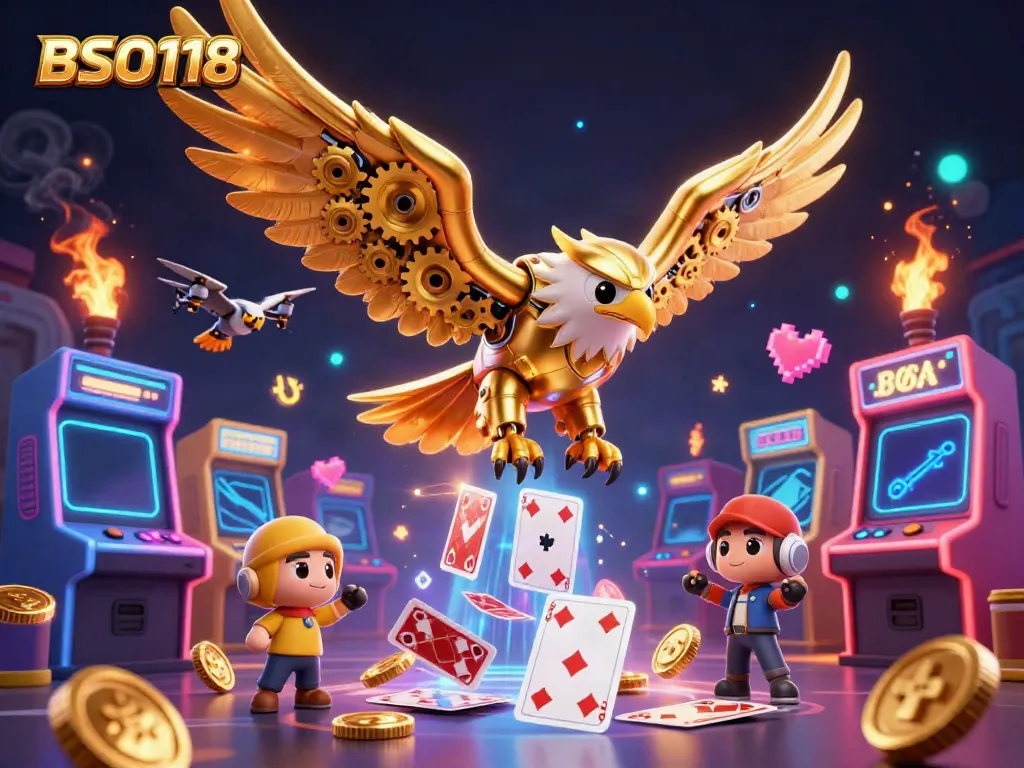 Experience exhilarating gaming at BSO118 with an animated golden eagle amidst vibrant casino visuals.