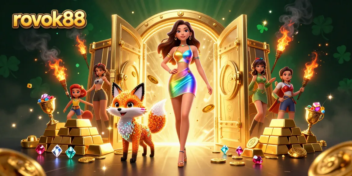 Engage with rokok88's vibrant gaming scene featuring treasure chests and dazzling characters.