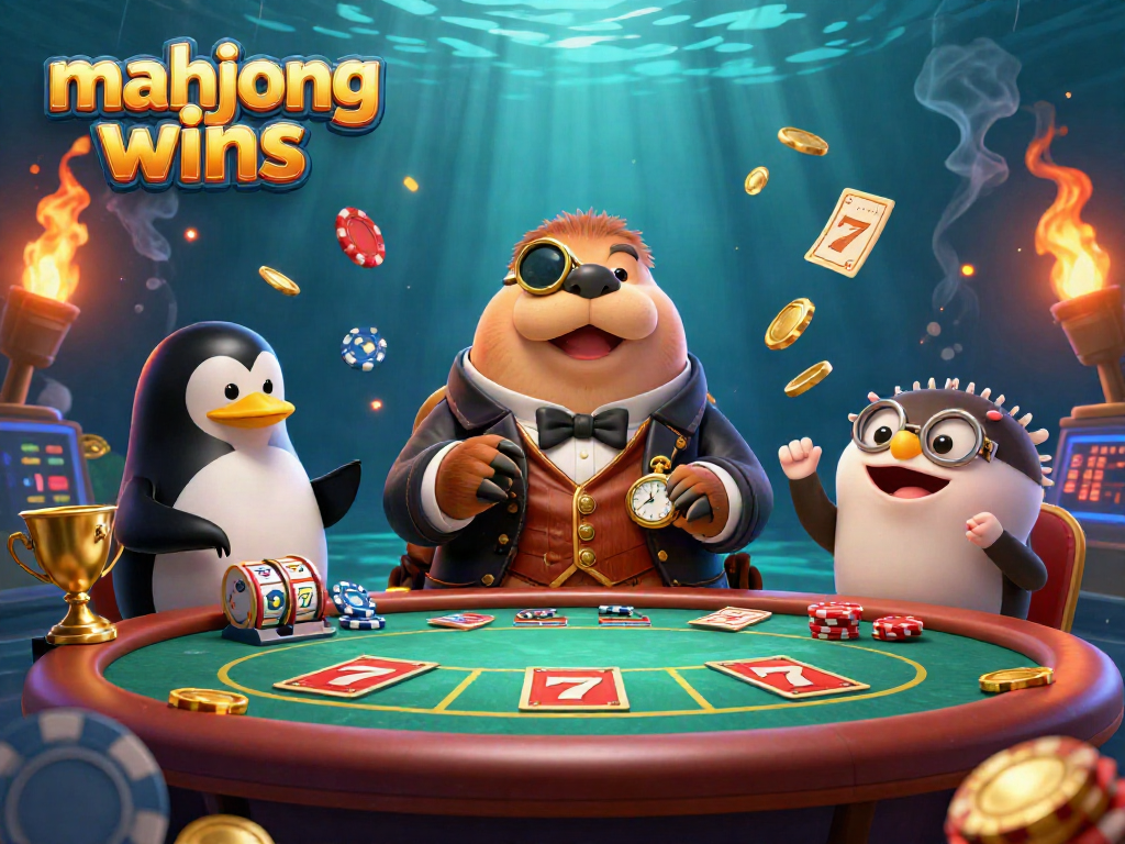 Engage in thrilling mahjong wins with a jolly walrus navigating a vibrant underwater casino scene.