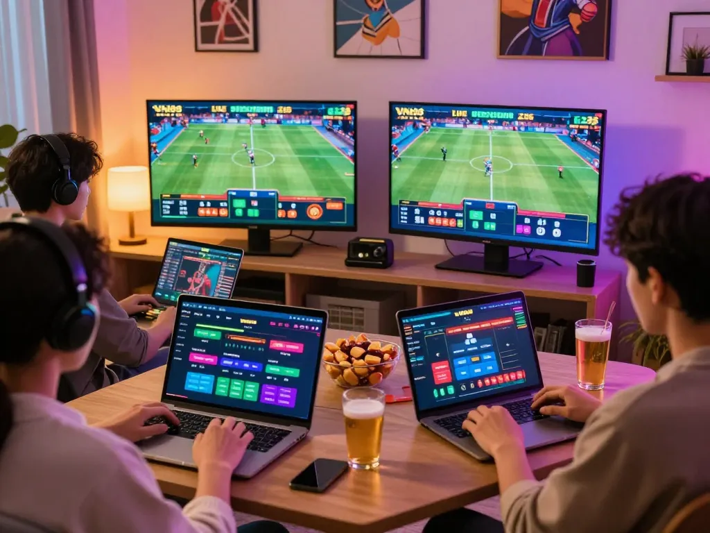 Players enjoying VN88's online betting options in a cozy setting with sports on display
