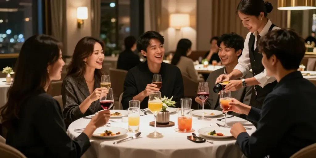강남 구구단에서 친구들과 함께하는 모임과 음료를 즐기는 장면