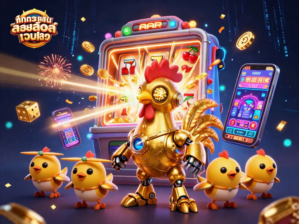 ทดลองเล่นสล็อตเว็บตรง ด้วยภาพการ์ตูน 3D ของโรบอตไก่ทองที่ยิงเลเซอร์ มีเงินรางวัลรออยู่
