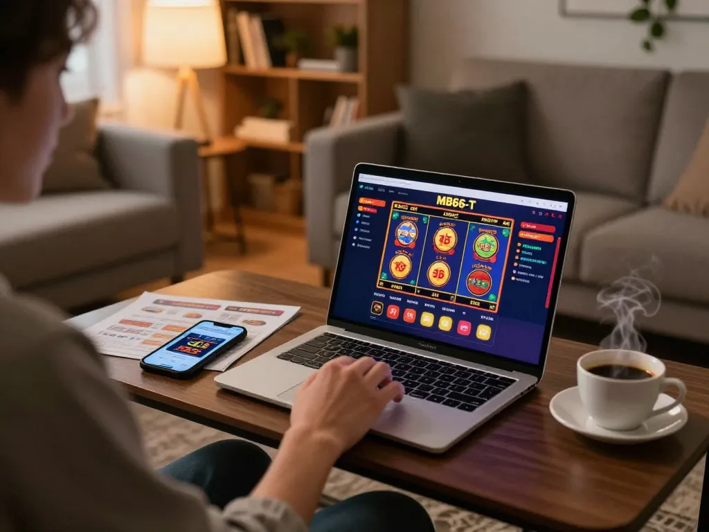 Engaging with the MB66-T online casino setup in a cozy home environment.