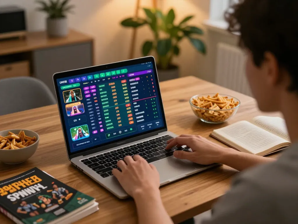 Person engaged in sports betting using CM88 app, analyzing stats on laptop with vibrant betting screen visible