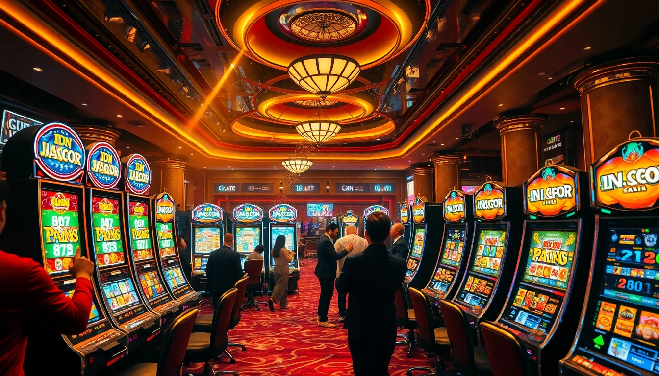Engaged players spin idnslot machines in an exhilarating casino atmosphere.
