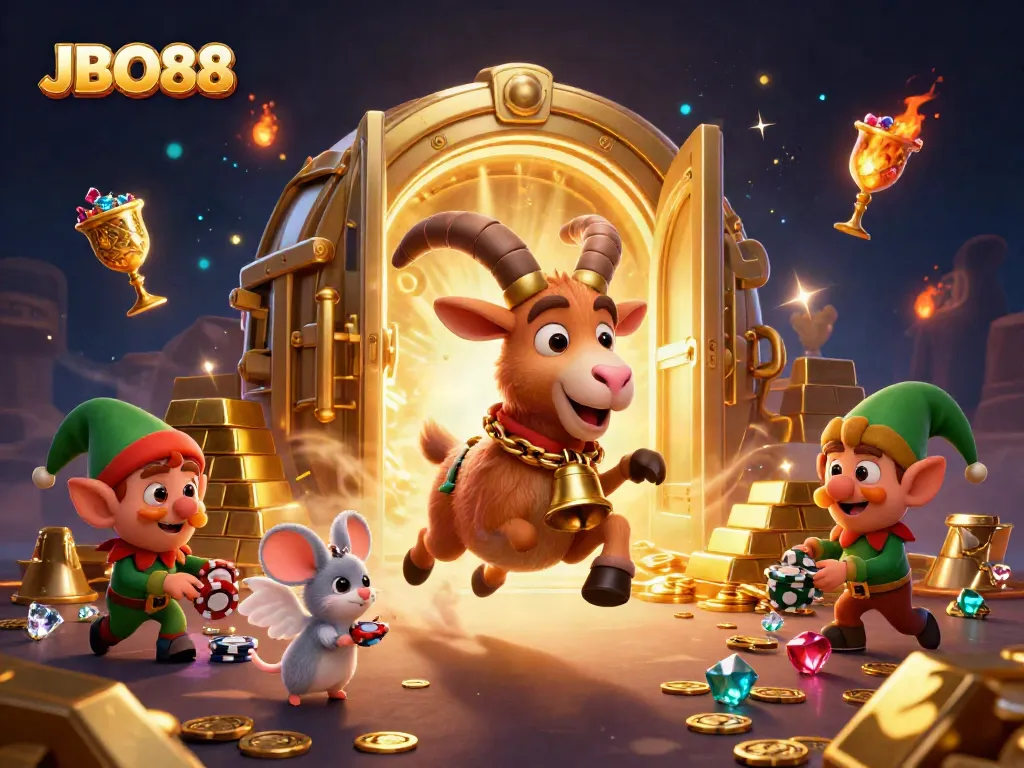 Engage in exciting gaming at JBO88 casino with Krampus, an angel mouse, and mischievous gremlins.