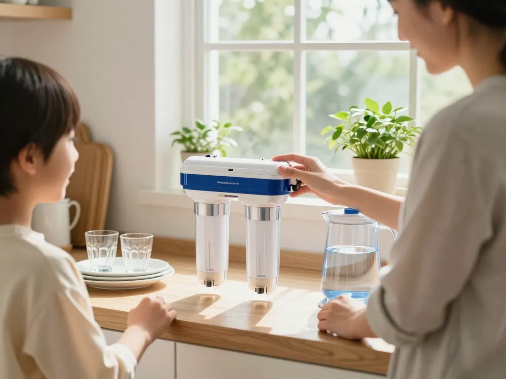 Family member installing Maxblue Replacement for Samsung DA29-00020B water filter in modern kitchen for clean drinking water.