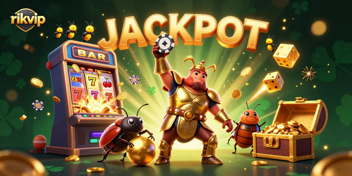 Engage in vibrant gaming action with rikvip, featuring a captivating 3D scene of casino elements and characters.