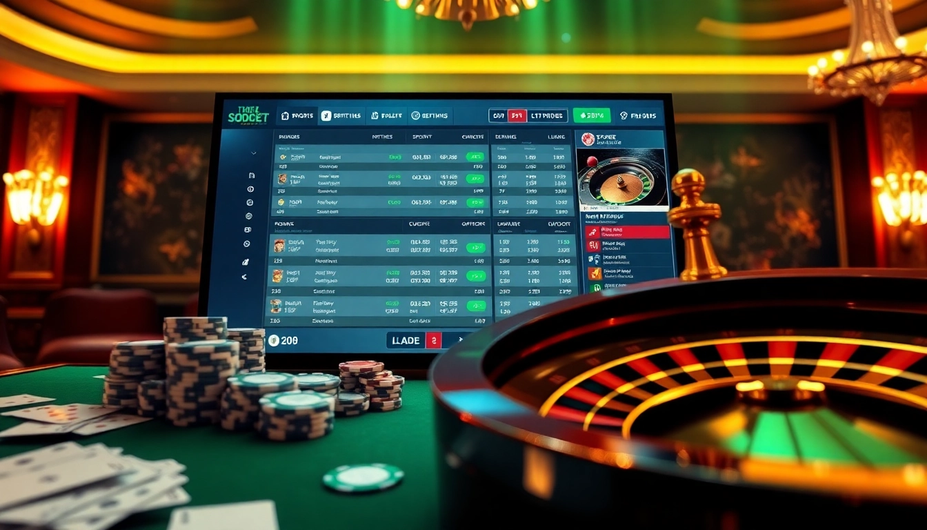 Engaged betting experience with sbobet link alternatif showcased through an online interface amidst casino elements.