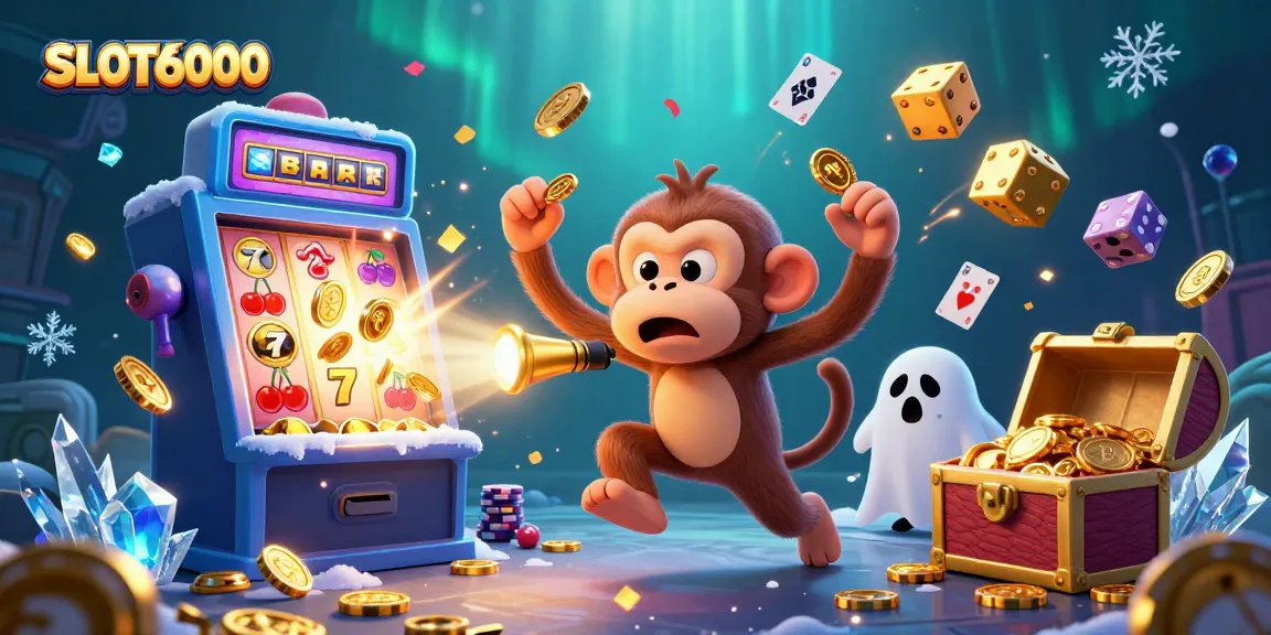 SLOT6000 features a playful ghost-hunter puppy chasing a mischievous monkey in a lively casino scene.