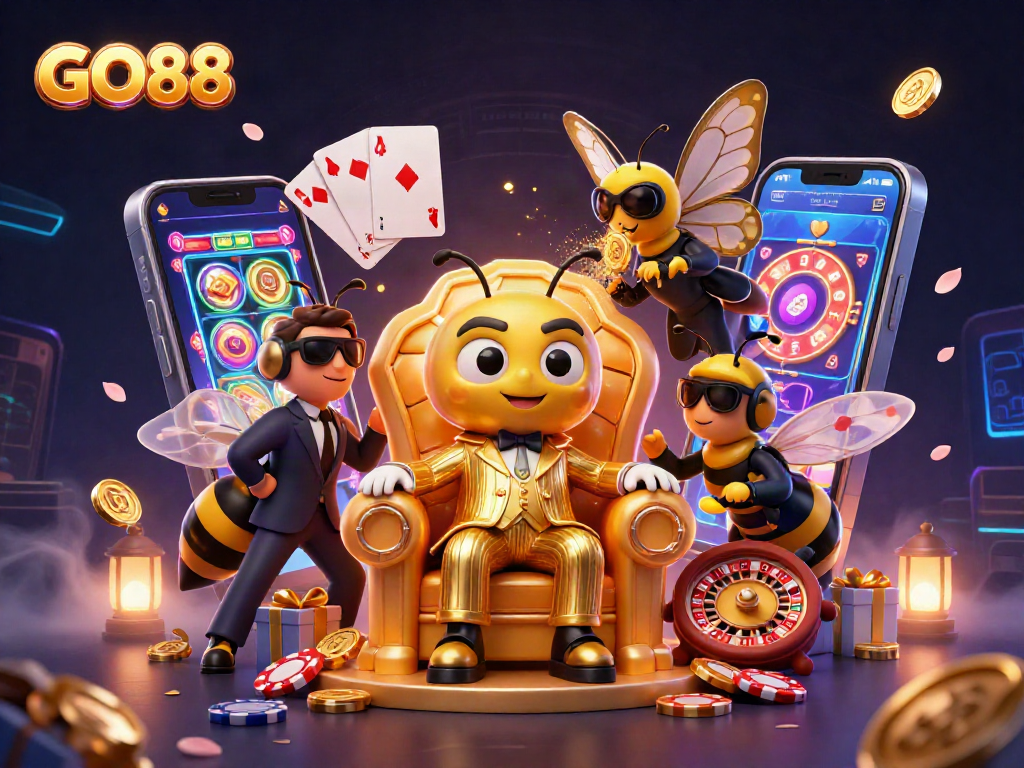 Spin and win at GO88 with vibrant casino elements in a dynamic, engaging illustration.