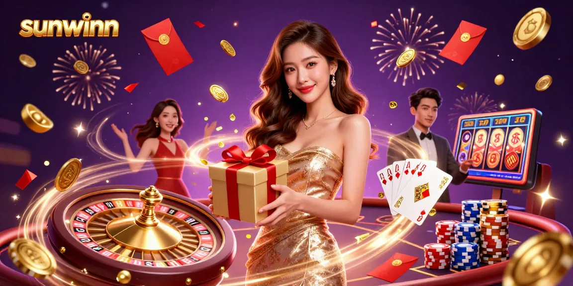 Win big with sunwinn as dazzling coins and festive decorations explode in a vibrant casino scene.